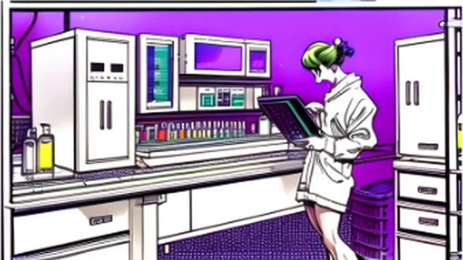 A quality specialist in a lab coat checking a tablet beside lab instruments.