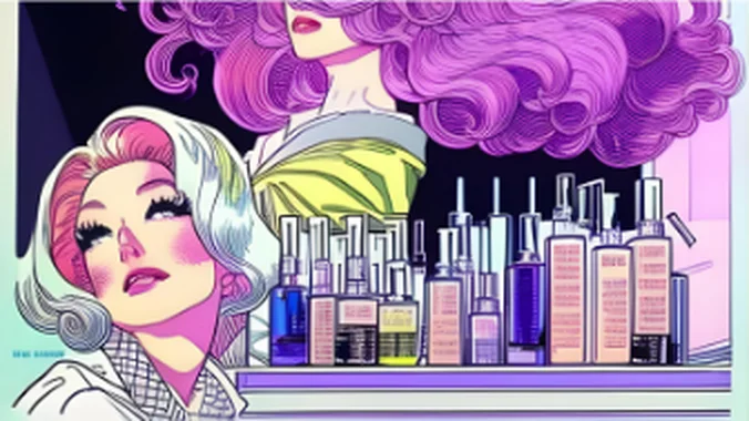 A woman with pale curls beside a shelf of cosmetic bottles.