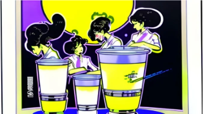 Four people in a lab raising tall cups of a pale yellow drink.