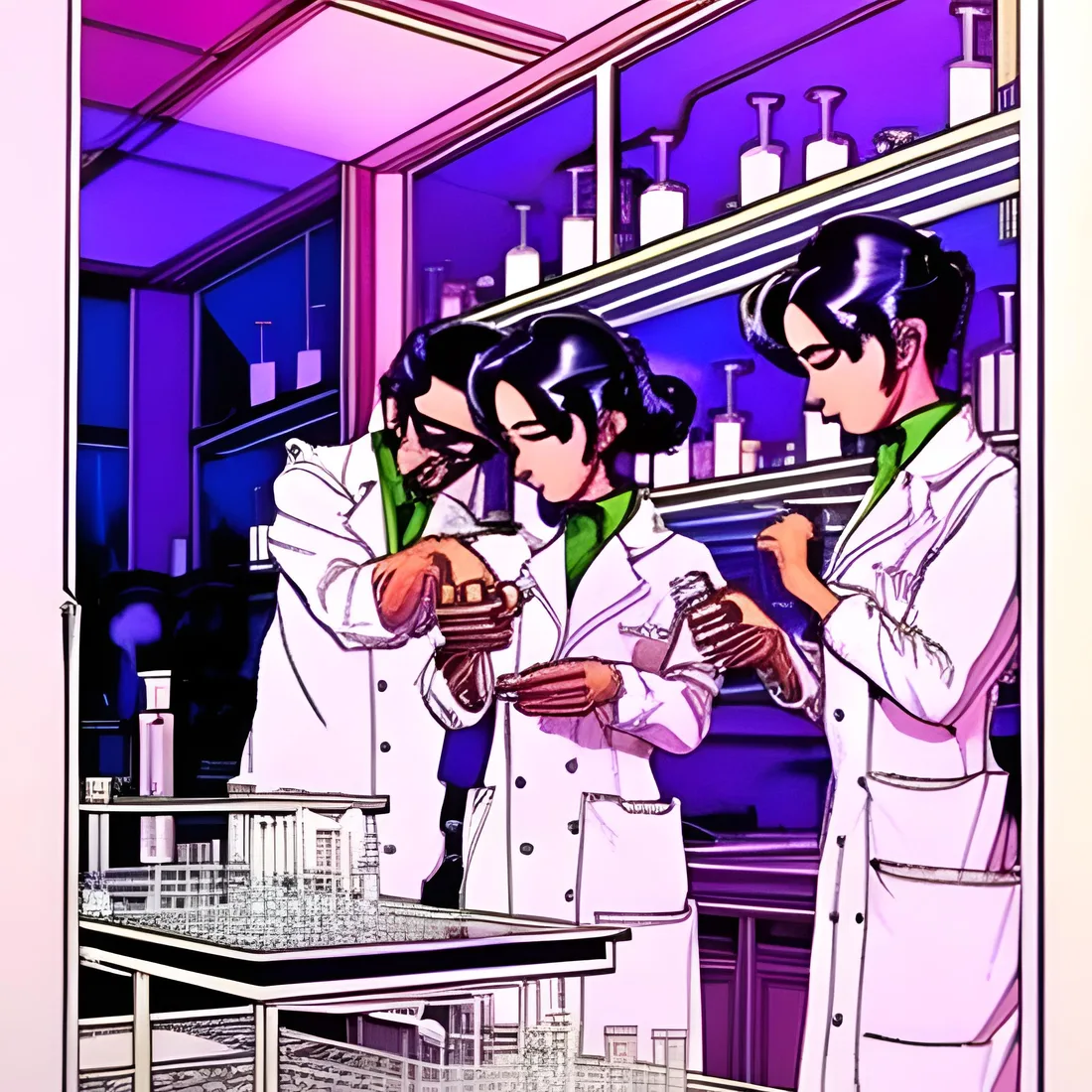 Three chemists making fragrance at a lab bench, measuring from small glass bottles.