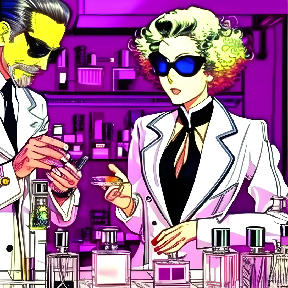 Two chemists in white lab coats and dark glasses testing fragrance in a lab lined with bottles.