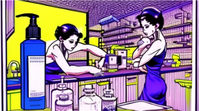 A chemist at a bench beside a large blue pump bottle.