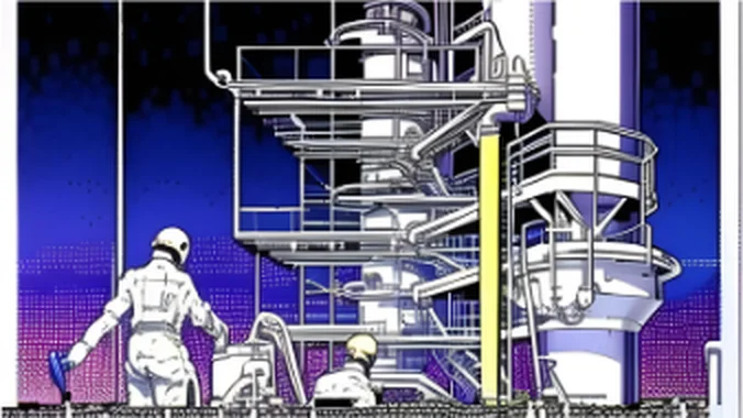 Workers in protective suits at the base of an industrial processing tower.