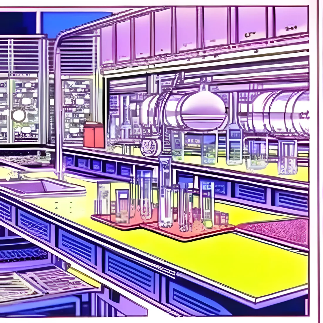 A full-scale manufacturing floor of steel tanks, piping and rows of filled vessels.