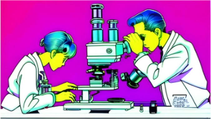 Two scientists at a pair of microscopes.