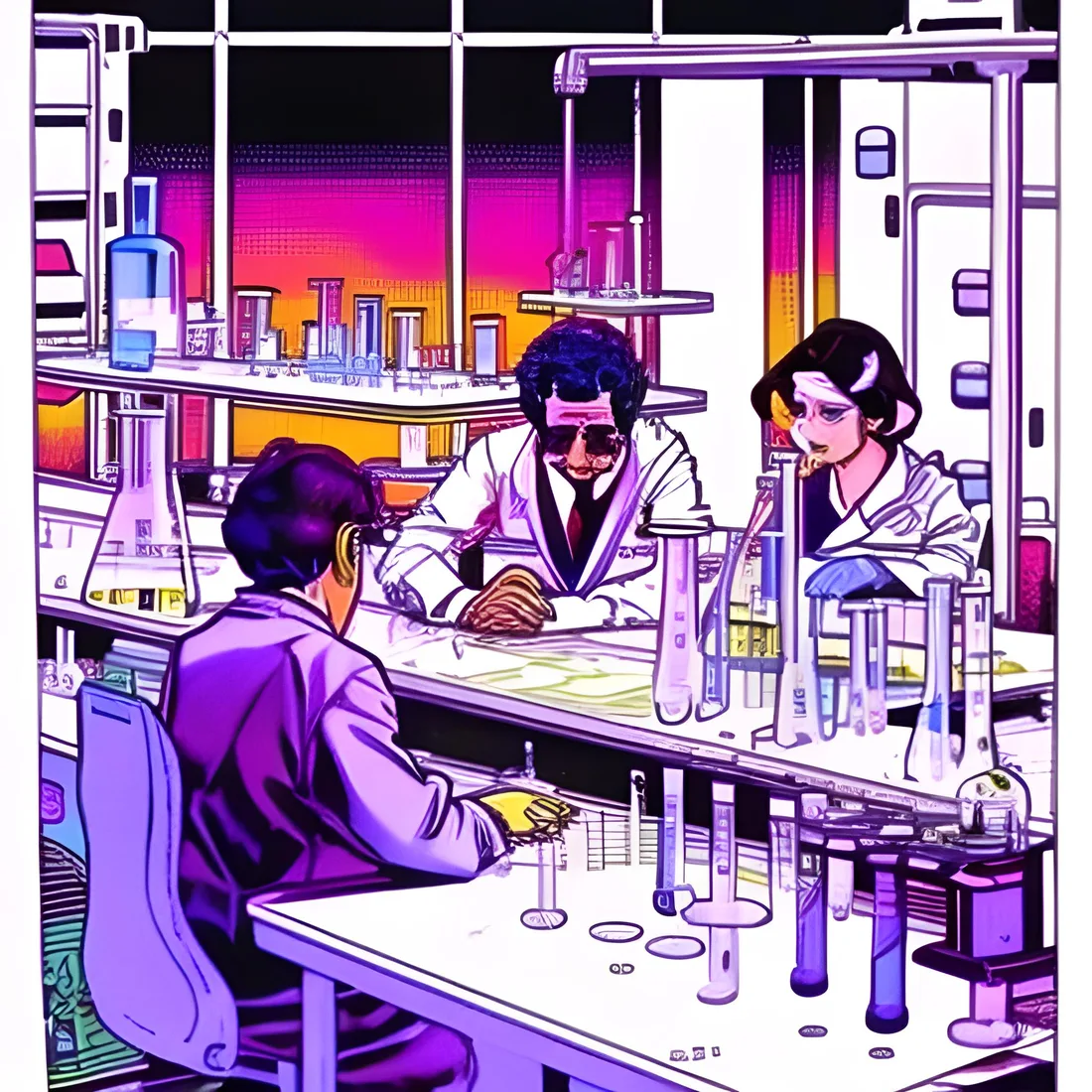 An R&D lab: three chemists at a long bench of flasks and test tubes, one in dark glasses.